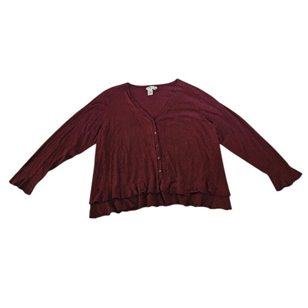 Coldwater Creek Burgundy V-Neck Ruffle Hem Cardigan Sweater Plus Size 3X